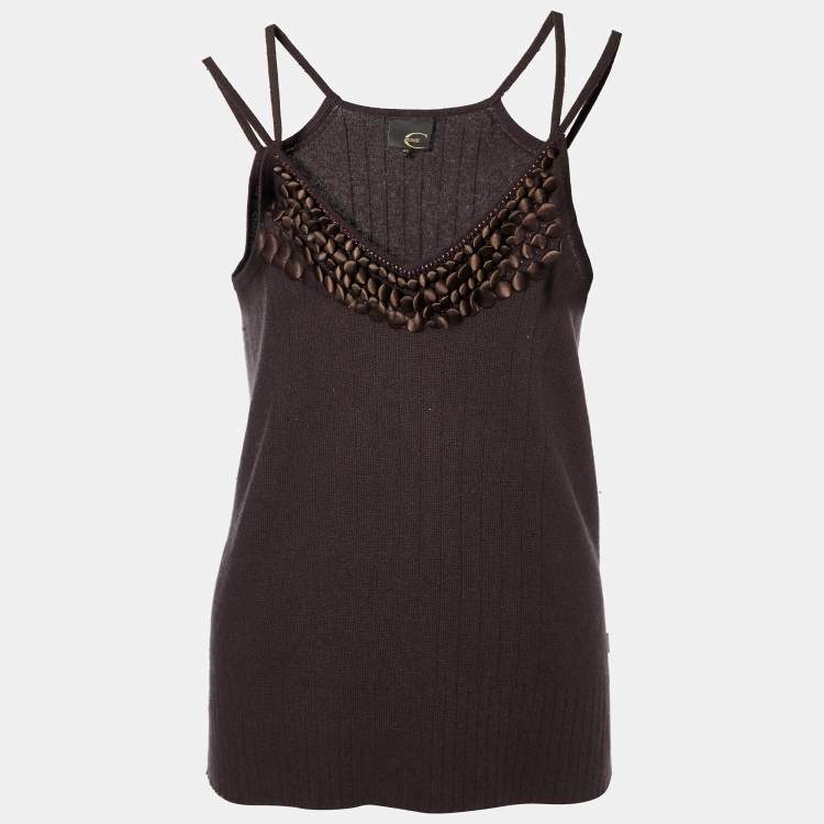 Pre Owned Just Cavalli Brown Silk Knit Button Embellished Tank Top L