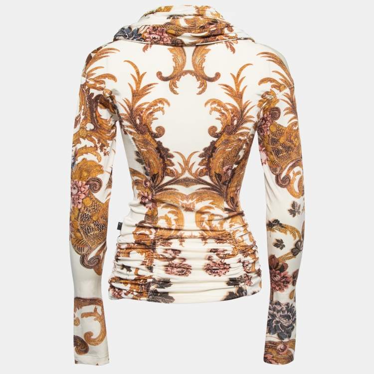 Pre Owned Just Cavalli Cream Printed Jersey Foldover Ruched Long Sleeve Top XS