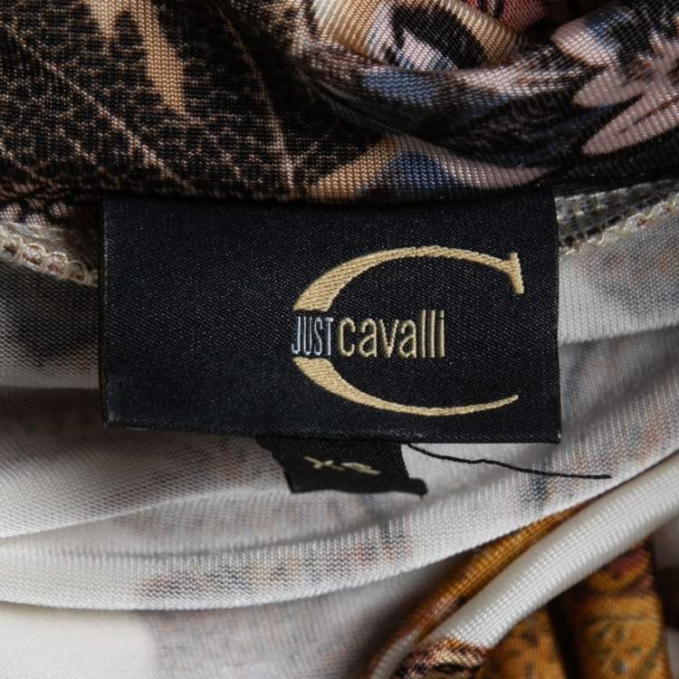 Pre Owned Just Cavalli Cream Printed Jersey Foldover Ruched Long Sleeve Top XS