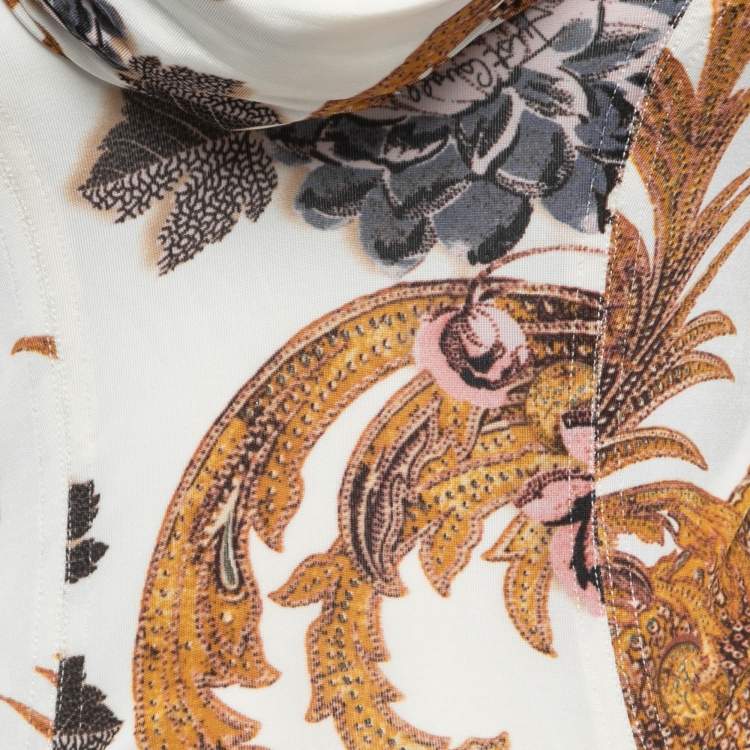Pre Owned Just Cavalli Cream Printed Jersey Foldover Ruched Long Sleeve Top XS