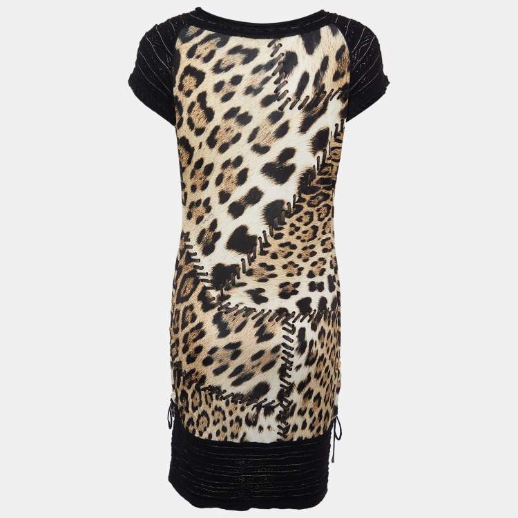 Pre Owned Roberto Cavalli Multicolor Animal printed Jersey & Wool Knit Ruched Mini Dress S