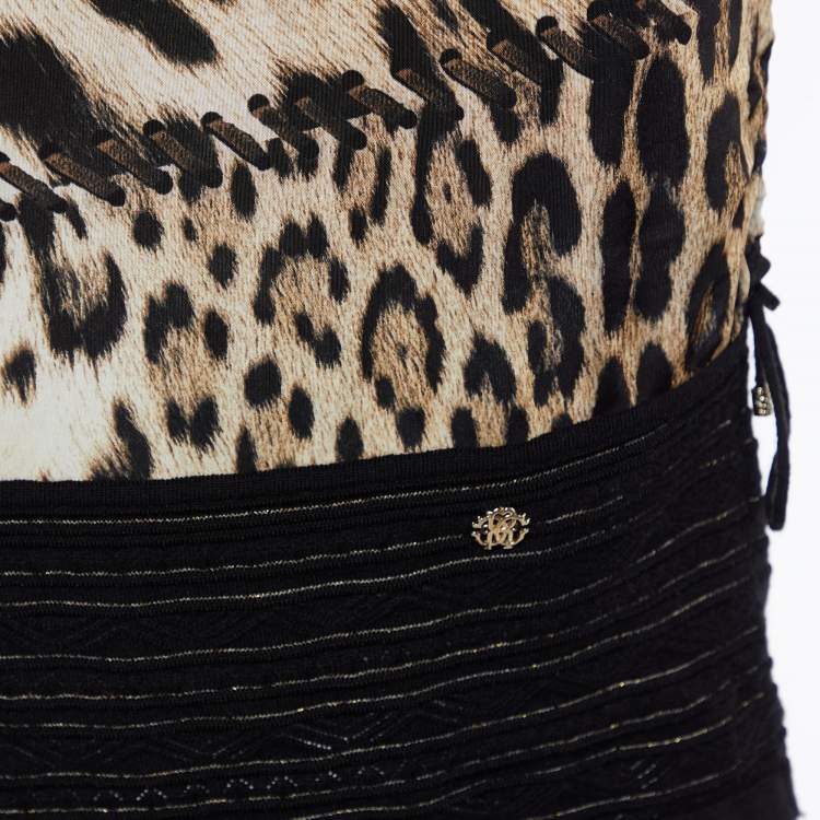 Pre Owned Roberto Cavalli Multicolor Animal printed Jersey & Wool Knit Ruched Mini Dress S