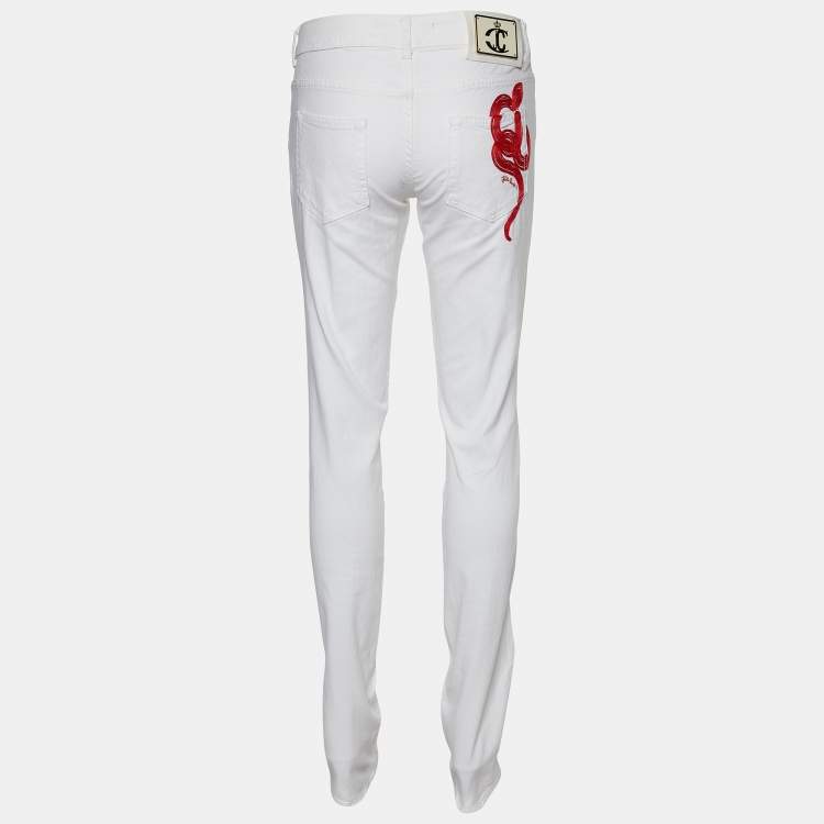 Pre Owned Just Cavalli White Denim Embroidered Pocket Detail Jeans S Waist: 30.5"