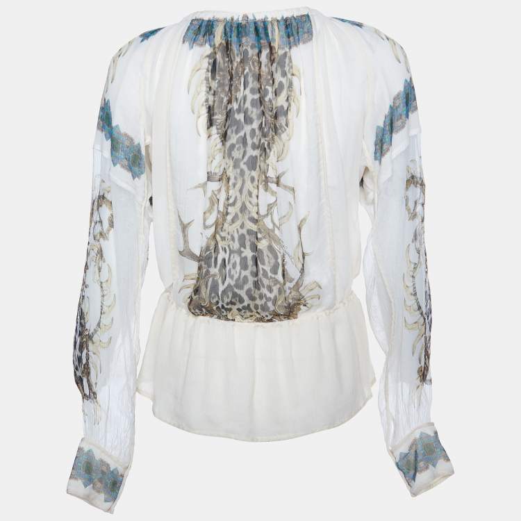 Pre Owned Just Cavalli Cream Printed Silk Chiffon Top S