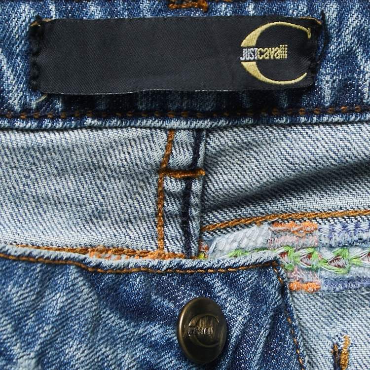 Pre Owned Just Cavalli Blue Embroidered Denim High Rise Flared Jeans M Waist 29"