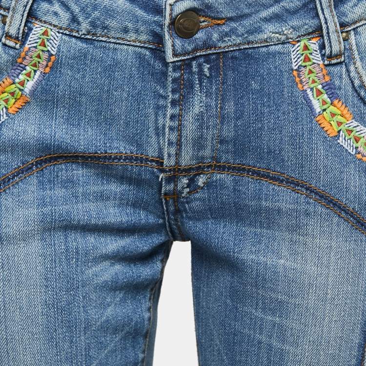 Pre Owned Just Cavalli Blue Embroidered Denim High Rise Flared Jeans M Waist 29"