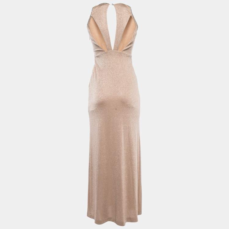 Pre Owned Just Cavalli Gold Crystals Embellished Lurex Knit Sleeveless Cut-out Maxi Dress S
