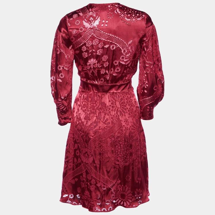 Pre Owned Just Cavalli Red Silk Devore Faux Wrap Mini Dress S