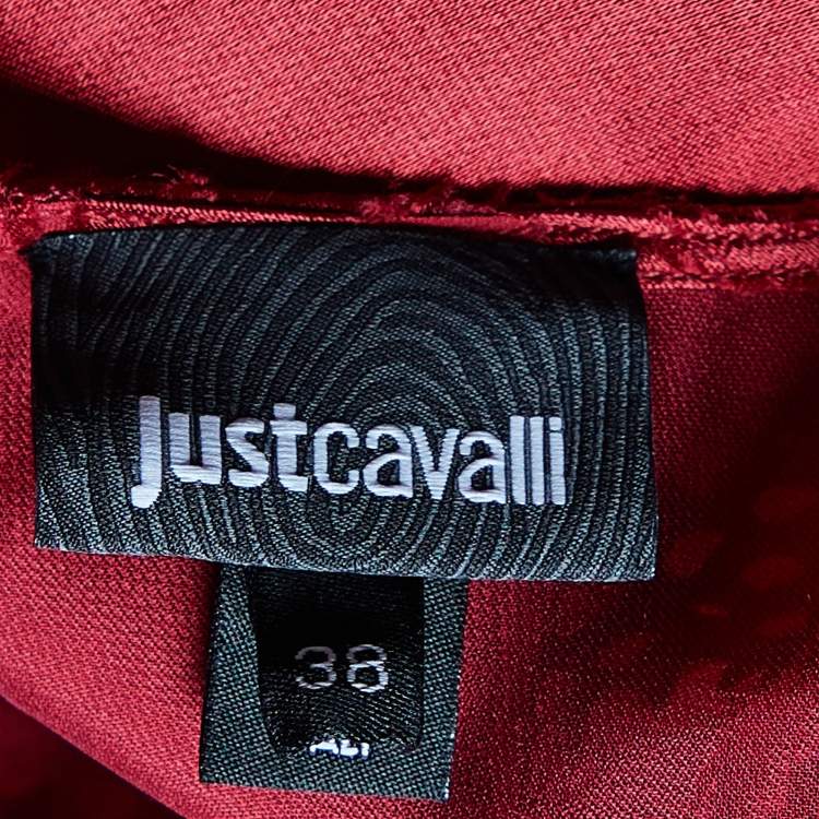 Pre Owned Just Cavalli Red Silk Devore Faux Wrap Mini Dress S