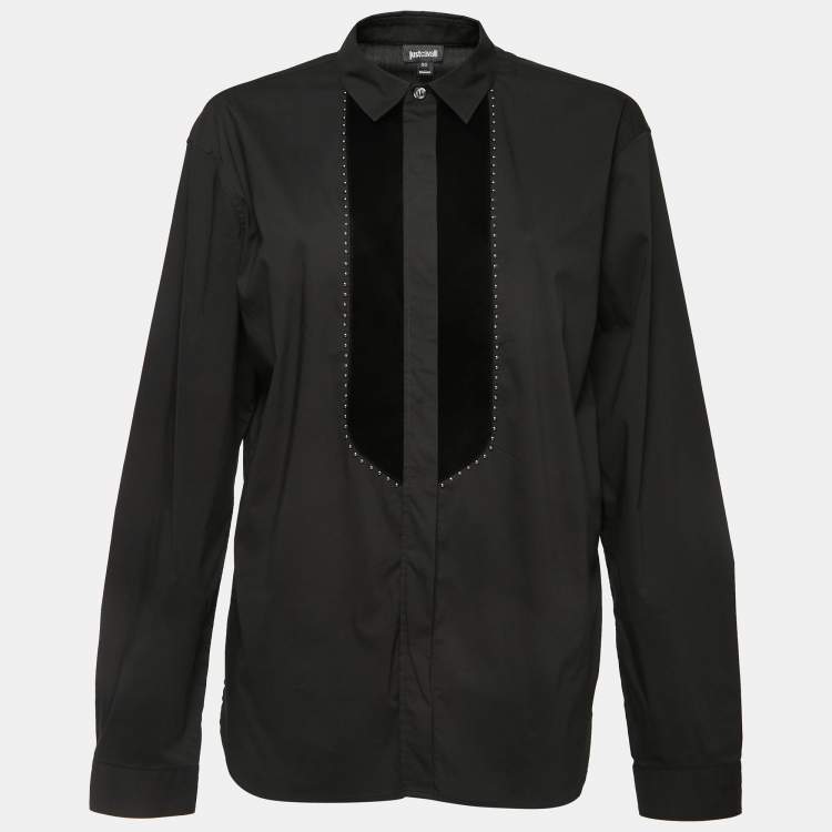 مملوكة مسبقًا Just Cavalli Black Cotton Studded Velvet Trim Button Front Full Sleeve Shirt XL