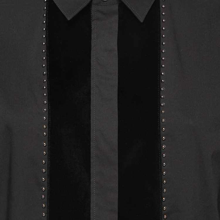 مملوكة مسبقًا Just Cavalli Black Cotton Studded Velvet Trim Button Front Full Sleeve Shirt XL