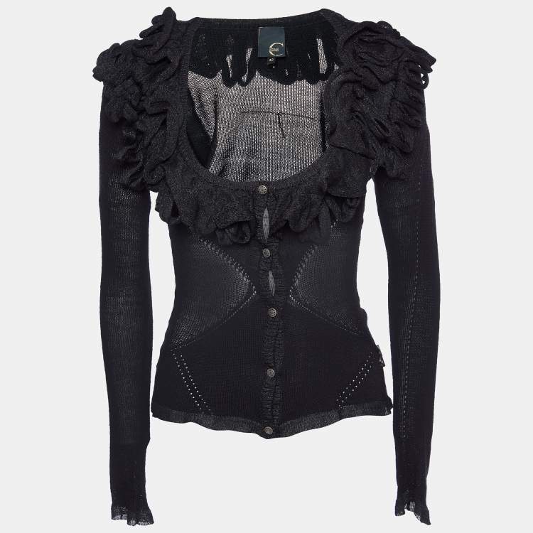 Pre Owned Just Cavalli Black Lurex Wool Knit Ruffled Cardigan M