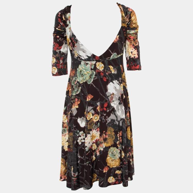 Pre Owned Just Cavalli Multicolor Printed jersey Ruched Sleeve Mini Dress L