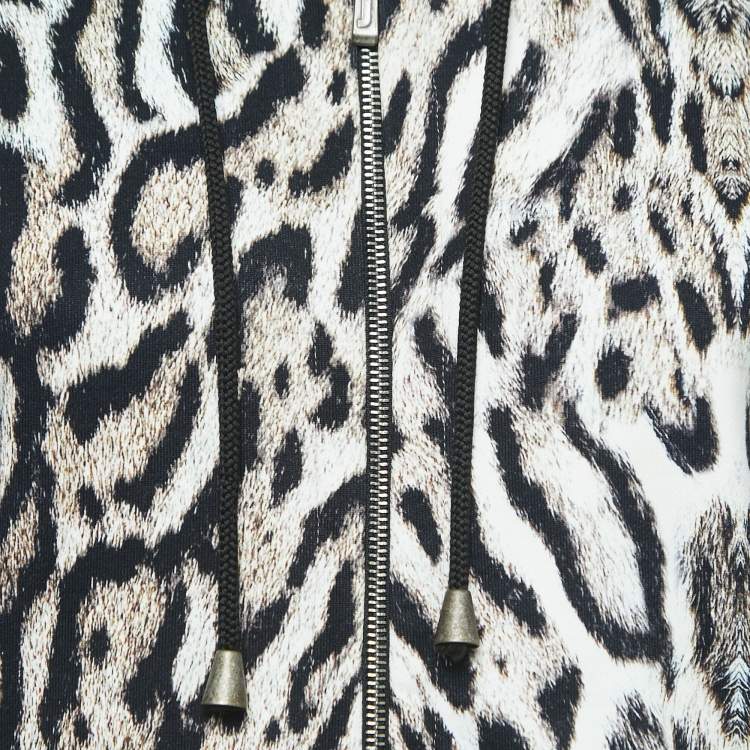 Pre Owned Just Cavalli White/Black Leopard Print Cotton Zip Front Hooded Jacket S