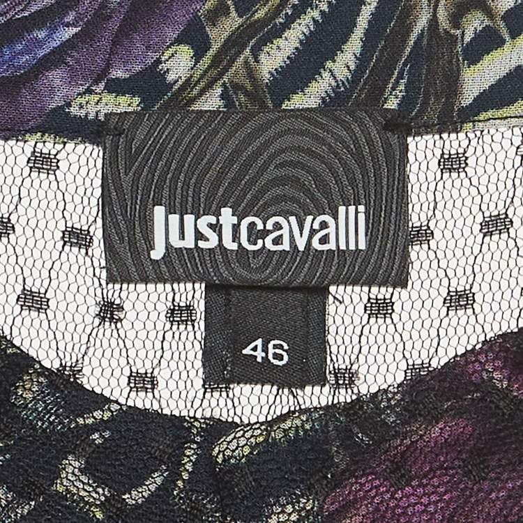 Pre Owned Just Cavalli Purple/Black Floral Print Crepe and Tulle Long Sleeves Top L