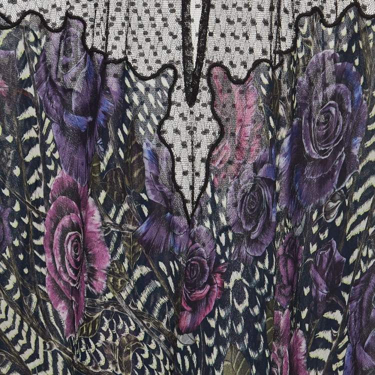 Pre Owned Just Cavalli Purple/Black Floral Print Crepe and Tulle Long Sleeves Top L
