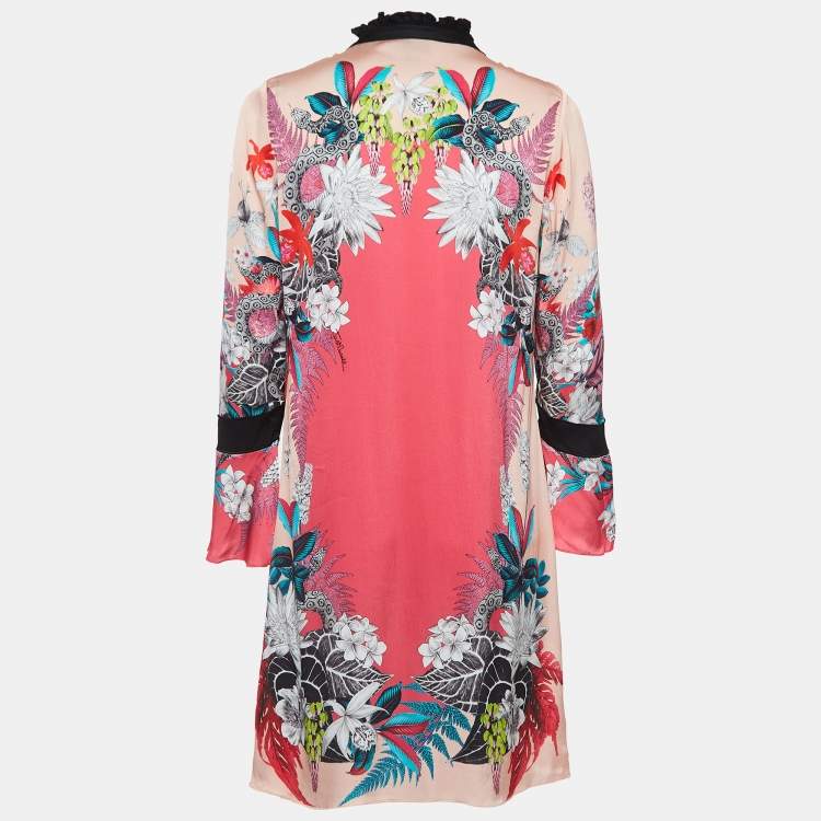 Pre Owned Just Cavalli Pink Floral Print Satin Tie-Up Neck Mini Dress S