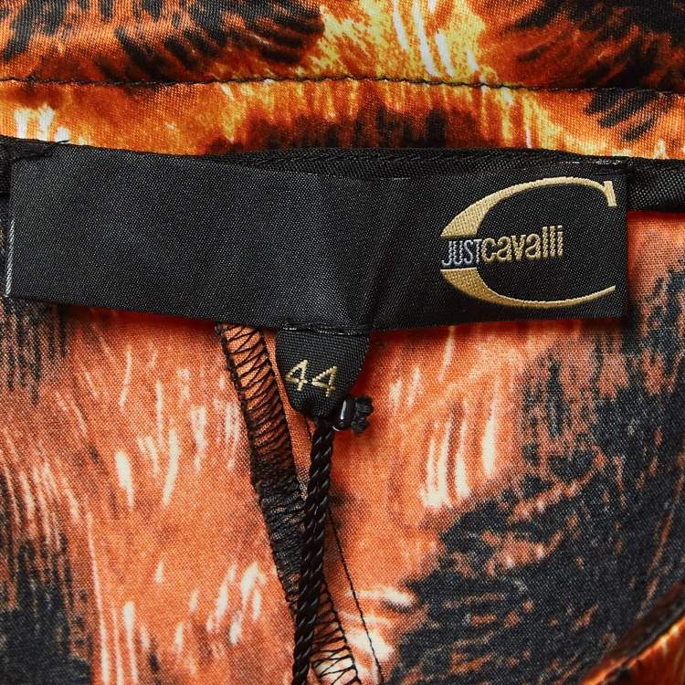 Pre Owned Just Cavalli Orange/Black Animal Print Satin Flared Midi Skirt M