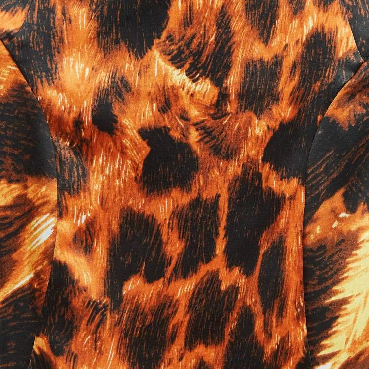 Pre Owned Just Cavalli Orange/Black Animal Print Satin Flared Midi Skirt M