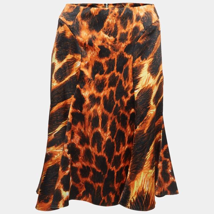 Just Cavalli Orange Black Animal Print Satin Flared Midi Skirt M Just Cavalli The Luxury Closet