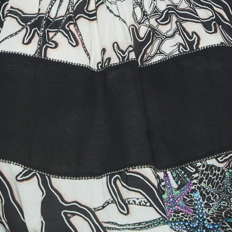 Pre Owned Just Cavalli White/Black Printed Crepe Ruffled Off-Shoulder Crop Top M