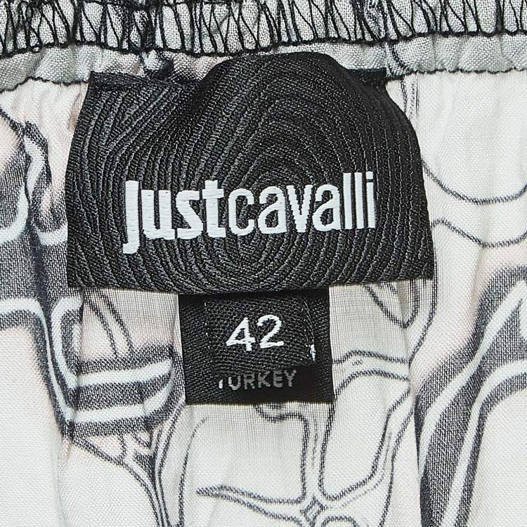 Pre Owned Just Cavalli White/Black Printed Crepe Ruffled Off-Shoulder Crop Top M