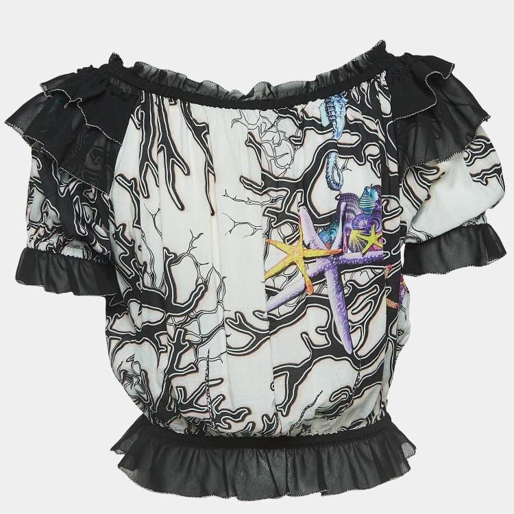 Pre Owned Just Cavalli White/Black Printed Crepe Ruffled Off-Shoulder Crop Top M