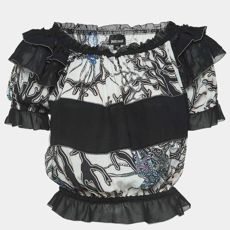 Pre Owned Just Cavalli White/Black Printed Crepe Ruffled Off-Shoulder Crop Top M