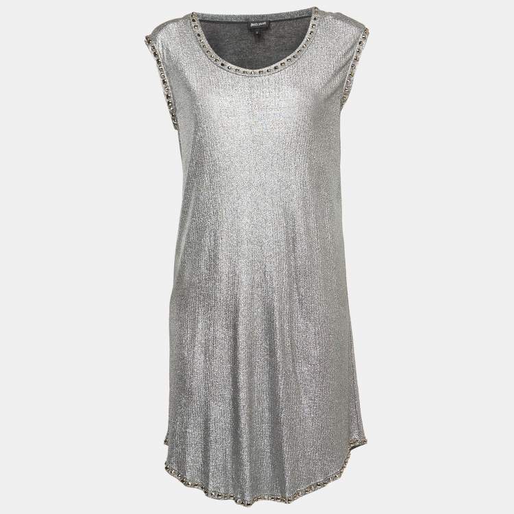 Pre Owned Just Cavalli Metallic Silver Lamé Jersey Metal Embellished Mini Dress S