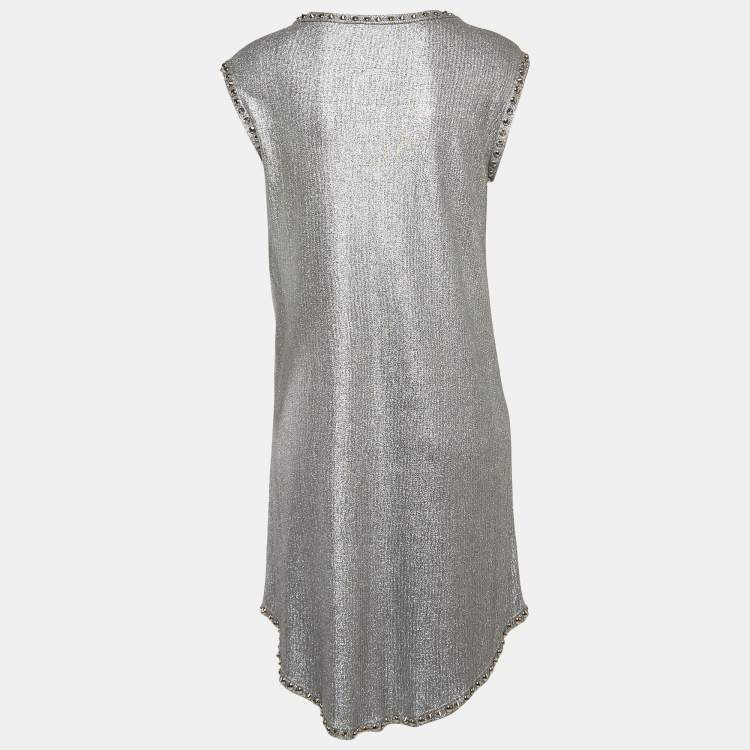 Pre Owned Just Cavalli Metallic Silver Lamé Jersey Metal Embellished Mini Dress S