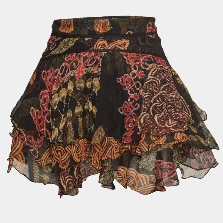Pre Owned Just Cavalli Brown Tassel Printed Silk Asymmetric Mini Skirt M