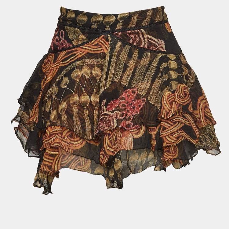 Pre Owned Just Cavalli Brown Tassel Printed Silk Asymmetric Mini Skirt M