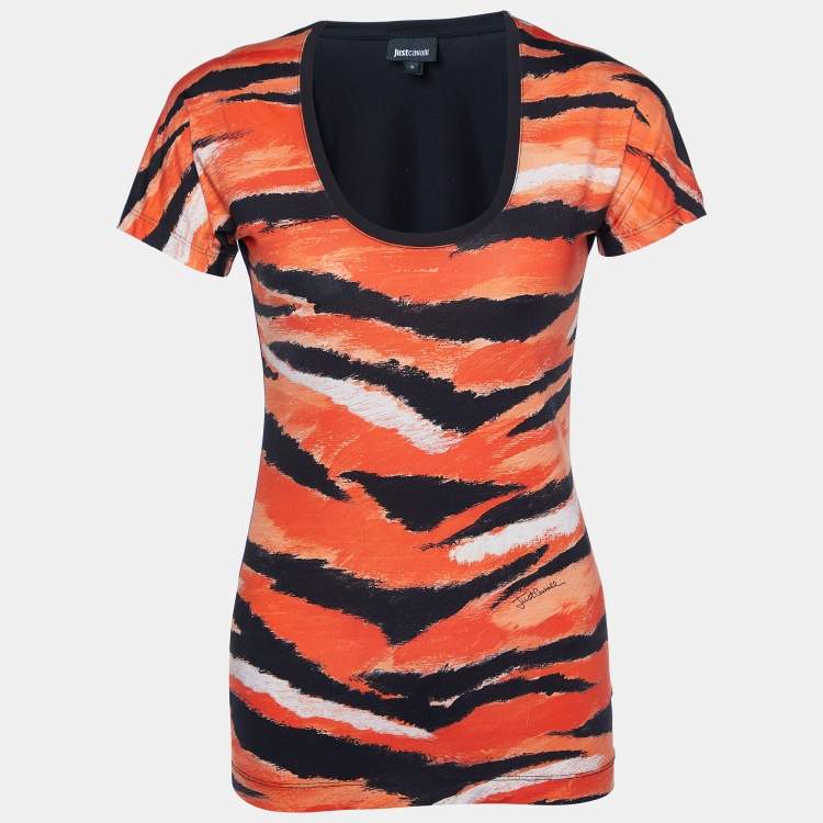 Pre Owned Just Cavalli Orange Animal  Print Jersey Round Neck Top S