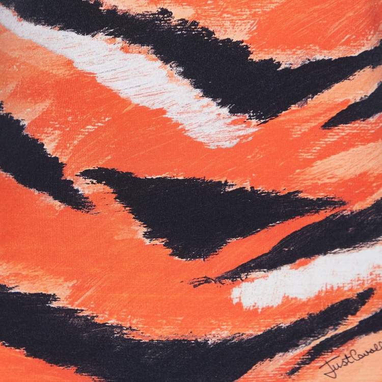 Pre Owned Just Cavalli Orange Animal  Print Jersey Round Neck Top S