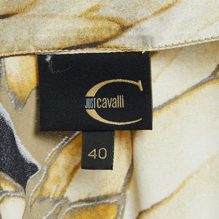 مملوكة مسبقًا Just Cavalli Yellow Printed Satin Silk Glitter Silk Wrap Blouse S
