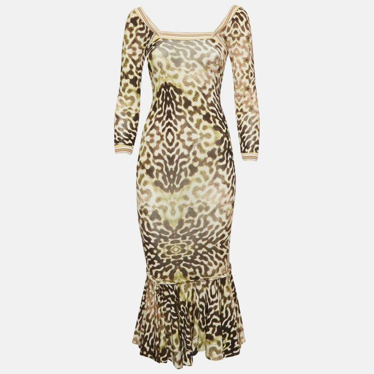 Pre Owned Just Cavalli Green Animal Print Jersey Flounce Midi Dress S