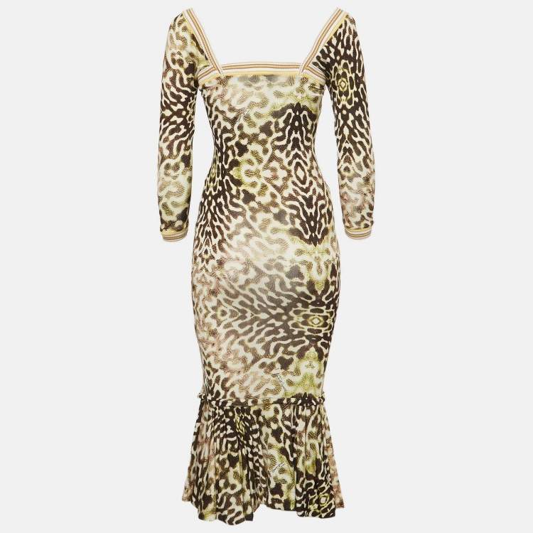 Pre Owned Just Cavalli Green Animal Print Jersey Flounce Midi Dress S