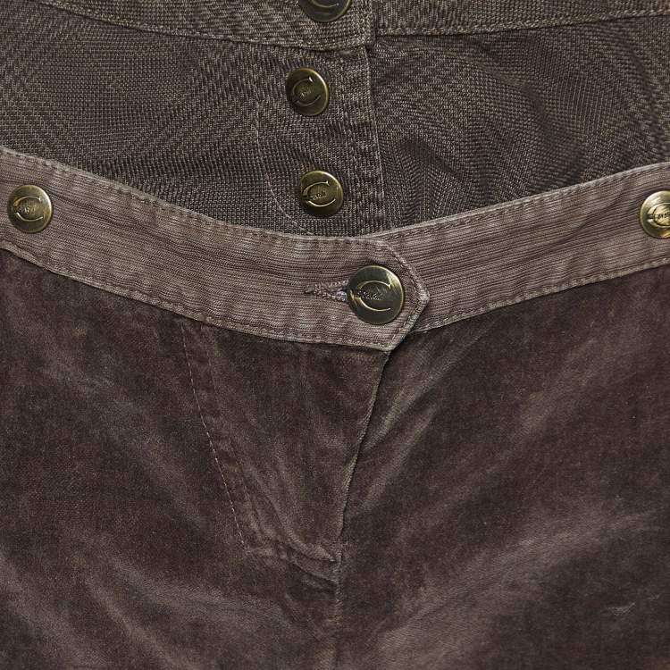 Pre Owned Just Cavalli Brown Checked & Velvet Cotton Paneled Capri Pants L