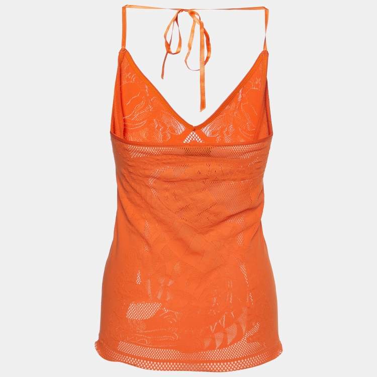Pre Owned Just Cavalli Orange Eyelet Jersey Fitted Tank Top M