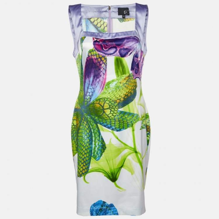 Pre Owned Just Cavalli Purple/Green Floral Print Satin Sheath Dress L