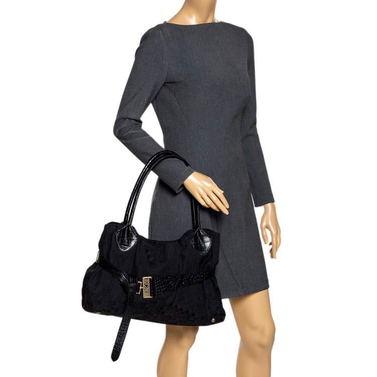 Pre Owned Just Cavalli Black Fabric and Croc Embossed Leather Belted Shoulder Bag