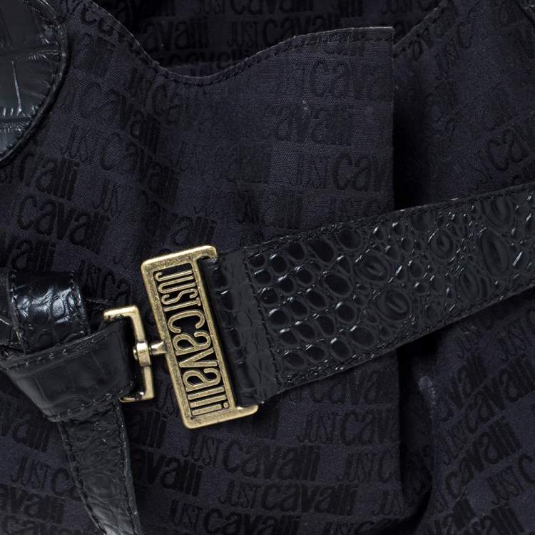 Pre Owned Just Cavalli Black Fabric and Croc Embossed Leather Belted Shoulder Bag