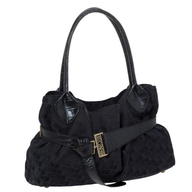 Pre Owned Just Cavalli Black Fabric and Croc Embossed Leather Belted Shoulder Bag