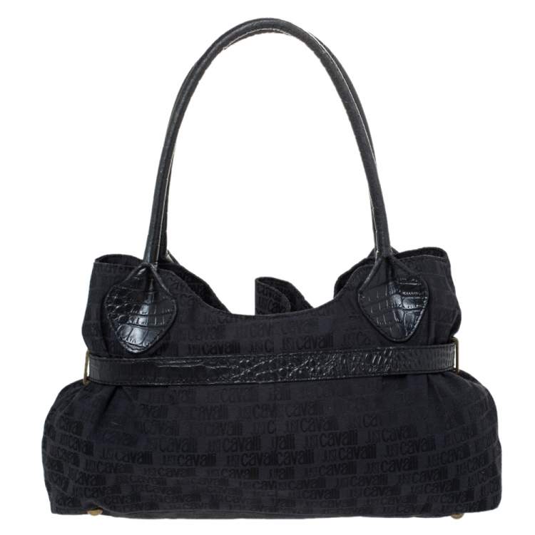 Pre Owned Just Cavalli Black Fabric and Croc Embossed Leather Belted Shoulder Bag