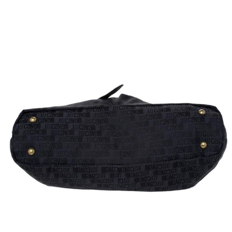 Pre Owned Just Cavalli Black Fabric and Croc Embossed Leather Belted Shoulder Bag