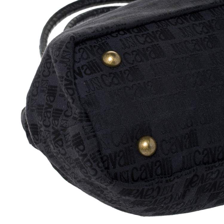 Pre Owned Just Cavalli Black Fabric and Croc Embossed Leather Belted Shoulder Bag