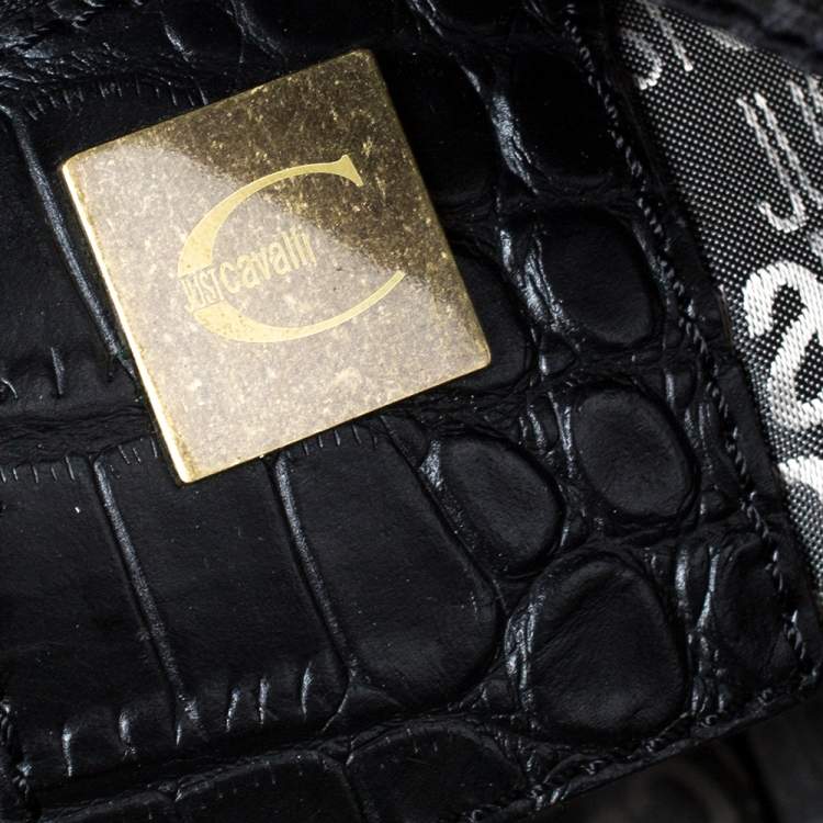 Pre Owned Just Cavalli Black Fabric and Croc Embossed Leather Belted Shoulder Bag