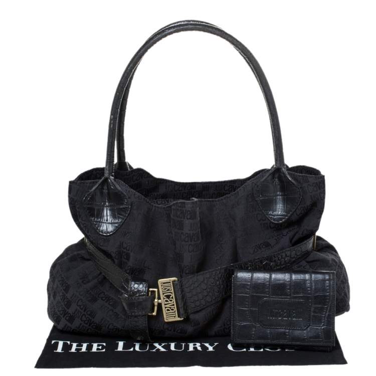 Pre Owned Just Cavalli Black Fabric and Croc Embossed Leather Belted Shoulder Bag