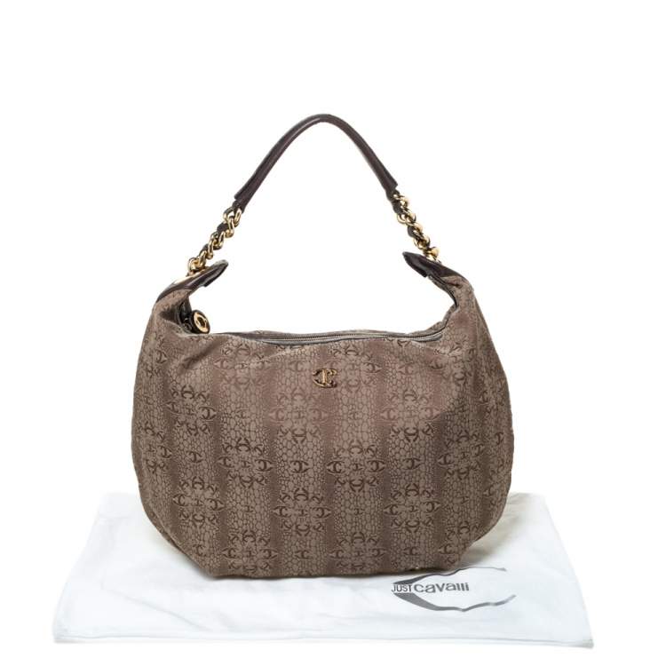 Pre Owned Just Cavalli Brown Signature Canvas Chain Hobo