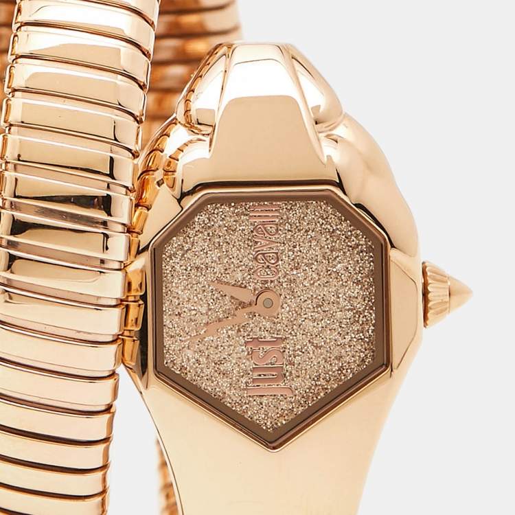 Pre Owned Just Cavalli Glittered Champagne Rose Gold Plated Stainless Steel Glam Chic JC1L115M0035 Women's Wristwatch 22 mm